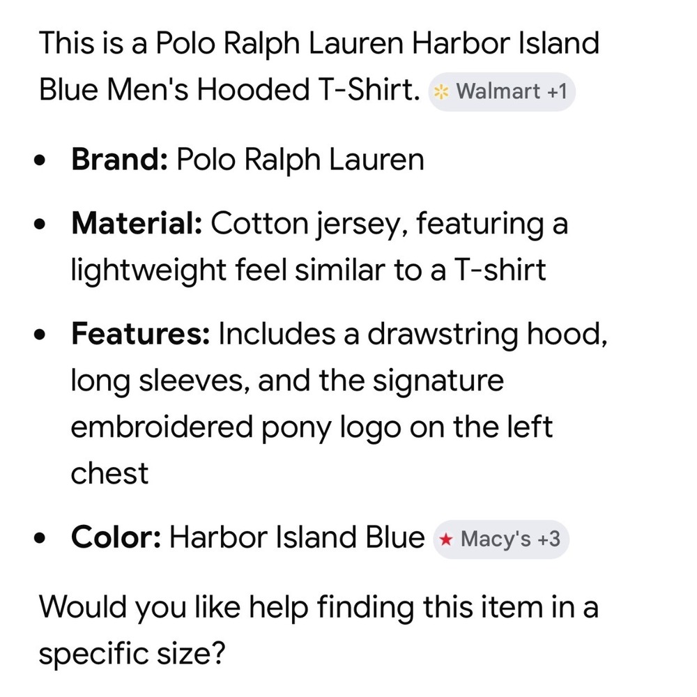 Polo Ralph Lauren Mens Harbor Island Blue Hooded T-Shirt Jersey Hoodie Small NWT - Picture 4 of 4